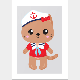 Sailor Cat, Sailor Hat, Boat Captain, Brown Cat Posters and Art